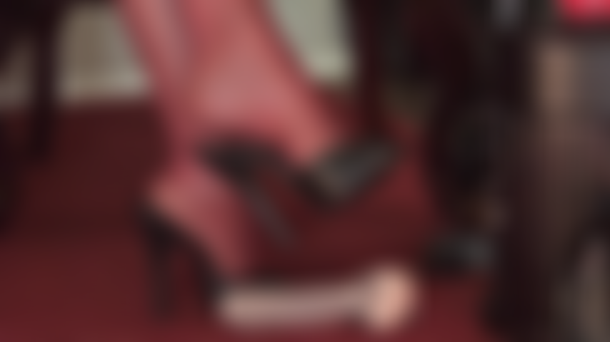 Gorgeous leather open toe mules destroy your slave cock - You are weak and submissive at the sight of Mistress' beautifully shaped feet in glossy red brown pantyhose crushing your cock.