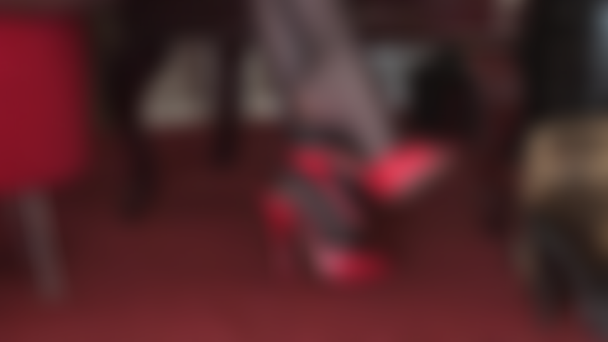 Bow down to her heels and feet - You will crawl slowly towards Mistress' pantyhose feet in red leather mules admiring their every inch.